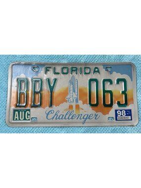 1998 Florida License Plate Challenger Space Shuttle BBY 063 Rocket FL August
